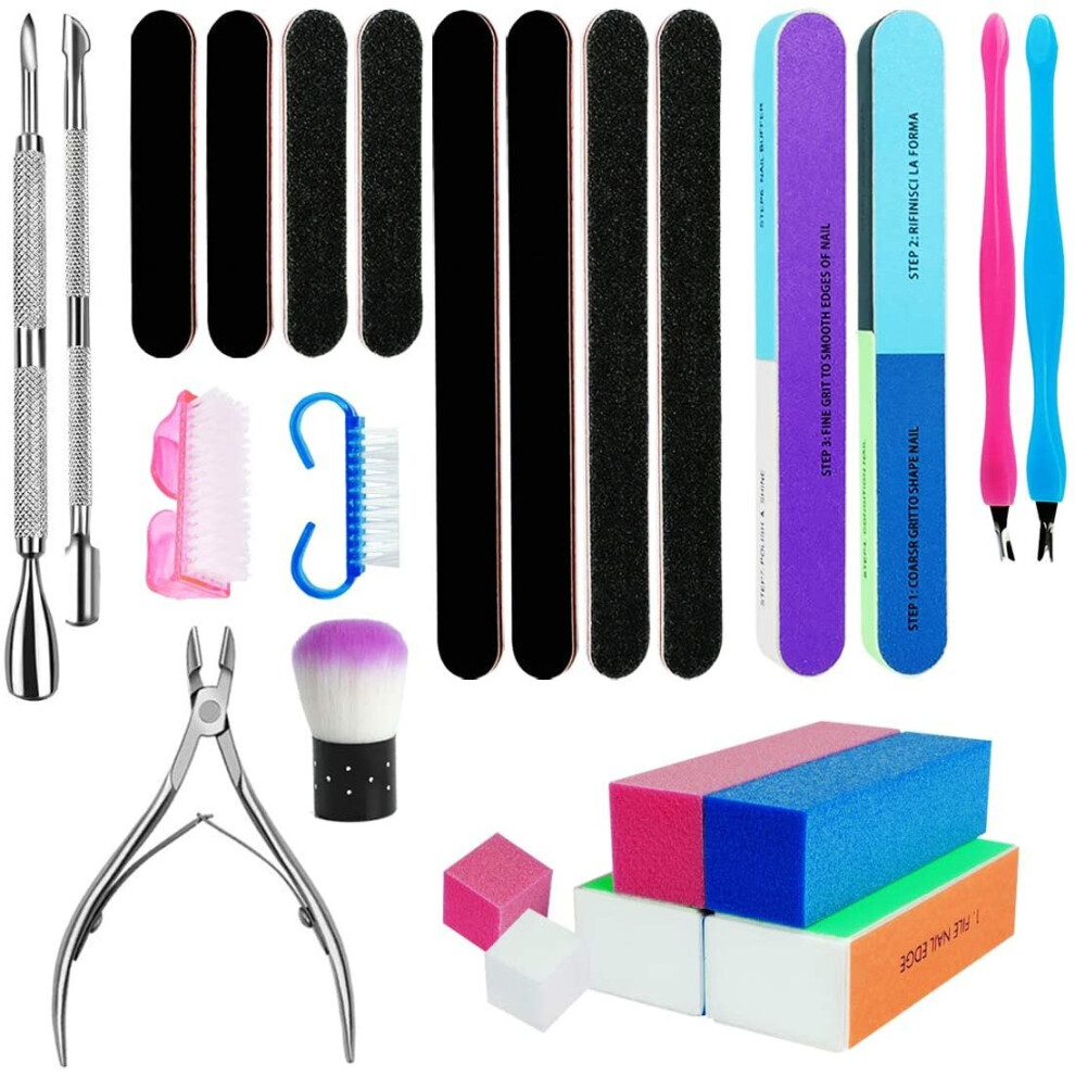 24 Pack Nail File Set with 100/180 Grit Nail Files 7 Ways Buffer Block Cuticle Nipper and Pusher Nail Scrubbing Brushes Nail Dust Brush for Dead Skin