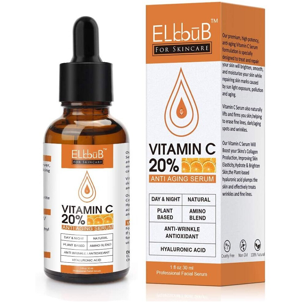 Elbbub Premium 20% Vitamin C Serum For Face With Hyaluronic Acid, Retinol & Amino Acids - Boost Skin Collagen, Brighten Hydrate & Plump Skin, Anti Aging &