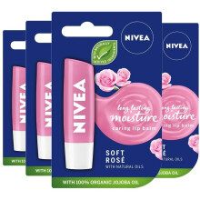 NIVEA Lip Balm Soft Rosé Pack of 4 (4 x 4.8g), Protective Lip Moisturiser with Natural Oils Enriched with Rose Extract, Caring Lip Balm for 24h