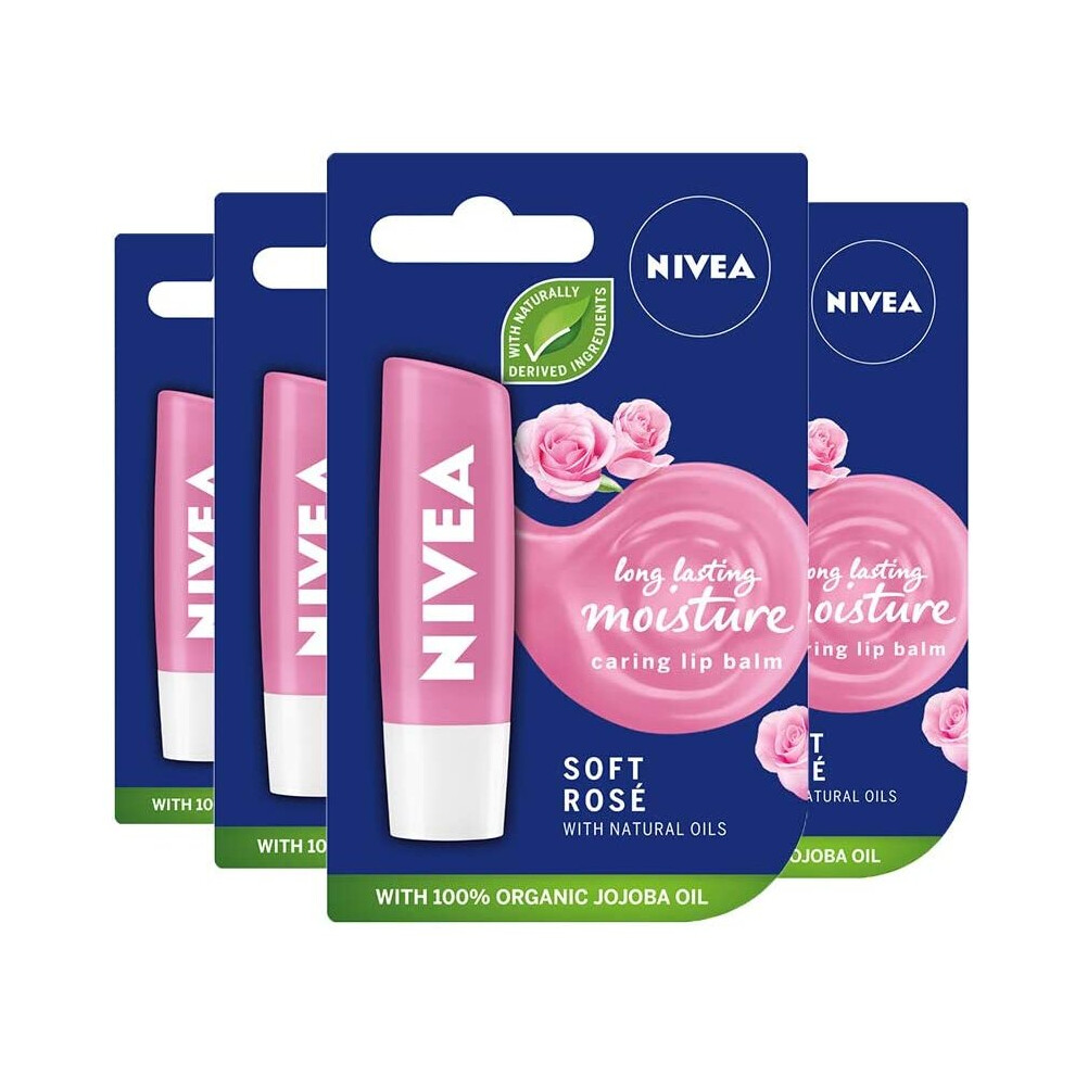 Nivea Lip Balm Soft Rosé Pack Of 4 (4 X 4.8G), Protective Lip Moisturiser With Natural Oils Enriched With Rose Extract, Caring Lip Balm For 24H
