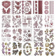 Xmasir Brown Red Henna Tattoo Stickers Lace Mehndi Temporary Tattoos set for Women, Metallic Colorful Tattooing(Pack of 20)