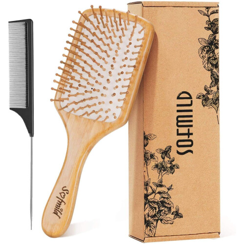 Eco-Friendly Bamboo Paddle Hair Brush - Natural Wooden Bristle Brush for All Hair Types, Scalp Massage, Reduces Tangles and Breakage