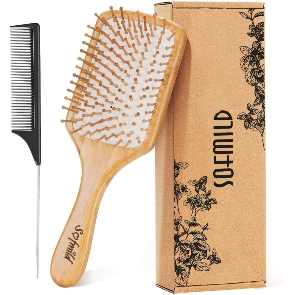 Hair Brush, Eco-Friendly Natural Wooden Bamboo Paddle Hairbrush for Long Short Curly Thick Thin Hair for Men Women Kids, Massaging Scalp, Reducing