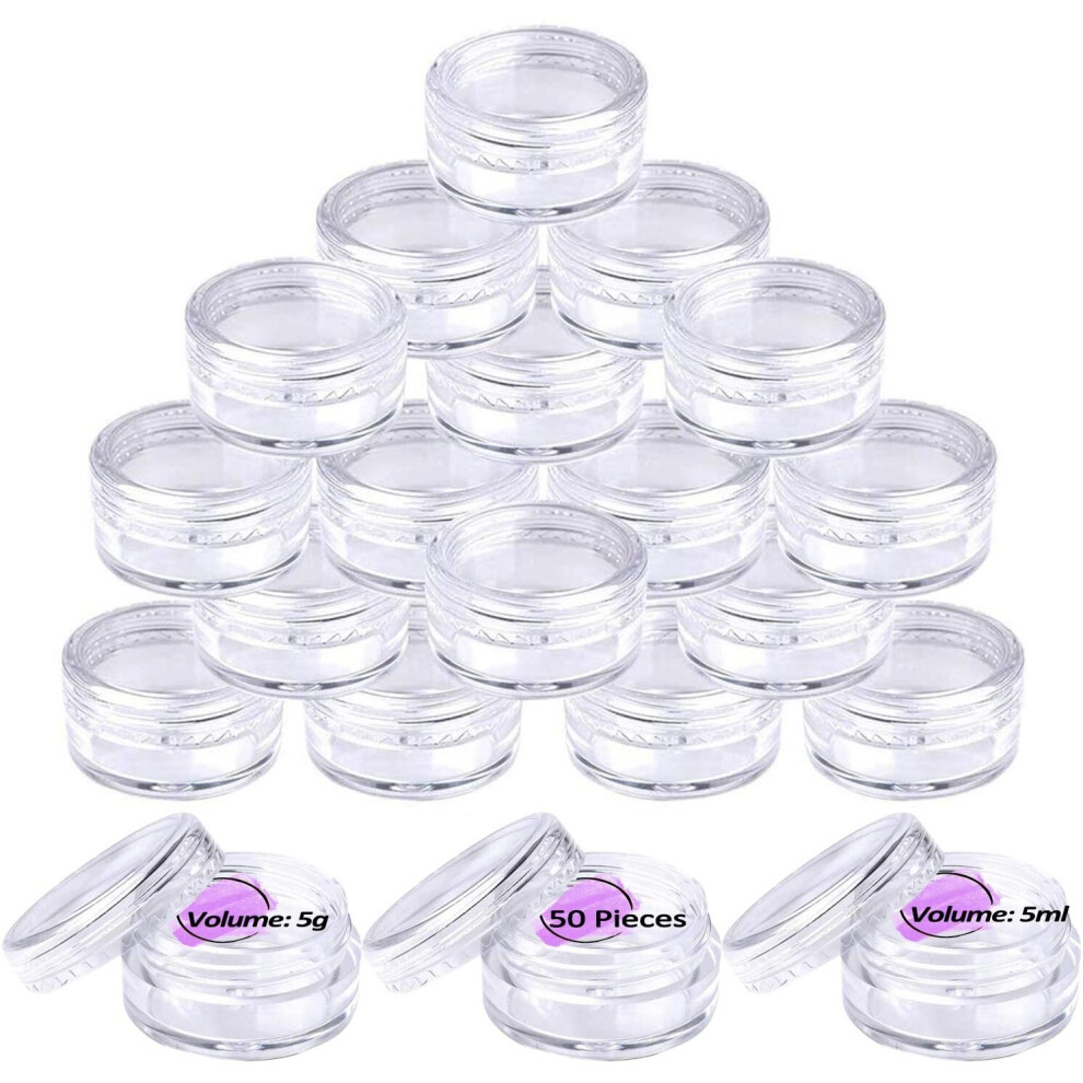 50 Pieces Sample Pots, Empty Cosmetic Jars Set Clear Round Travel Pots for Creams and Powder, 5g/5ml Small Sample Containers Plastic Jars with Lids