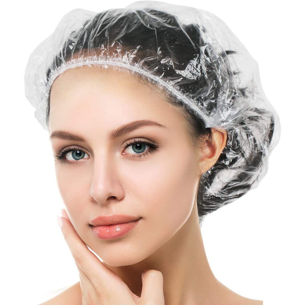 Auban Shower Cap Disposable, 100 PCS Bath Caps Large Thick Clear Waterproof Plastic Elastic Hair Bath Caps for Women Kids Girls, Travel Spa, Hotel and