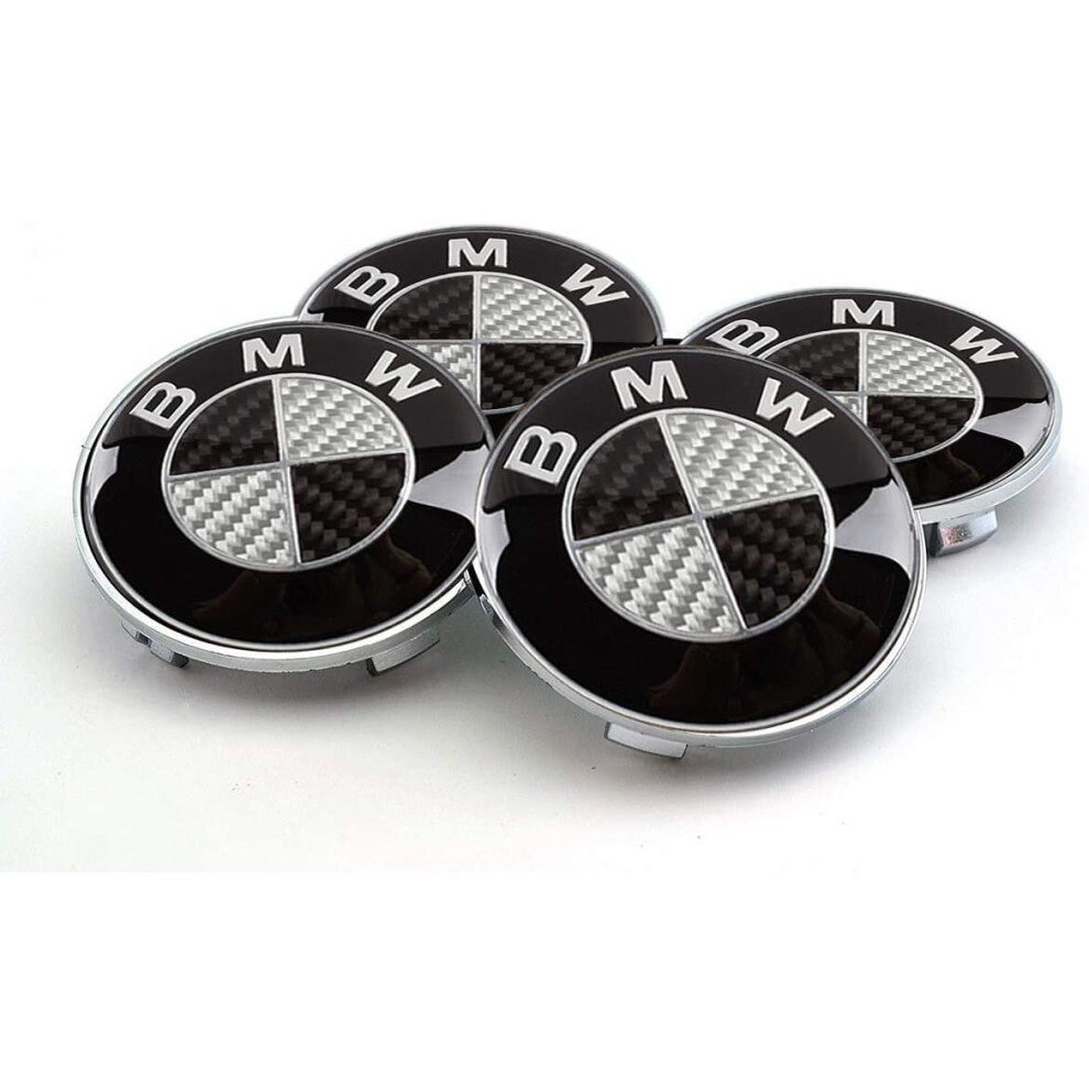 Bmw & Carbon Center Hub Alloy Wheel Caps 68Mm Set Of 4 Pcs Black/White 6425721794719