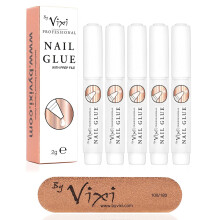 By Vixi 5 x 2g EXTRA STRONG NAIL GLUE with FREE PREP FILE Clear Instant Dry Adhesive, Professional Salon Quality