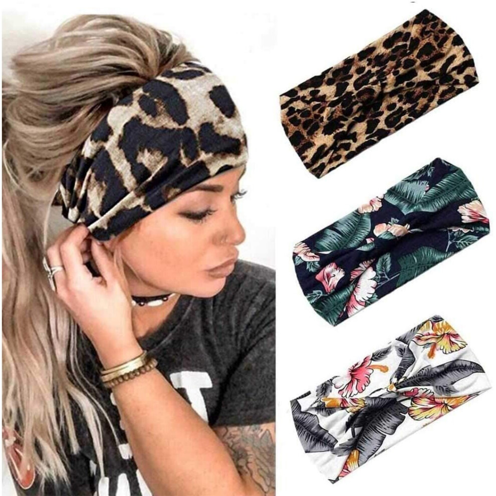 Fashband Boho Wide Headbands Leopard Print Yoga Head Scarfs Vintage Printed Head Wraps Elastic Turban Hair Bands for Women and Girls(Pack of 3)