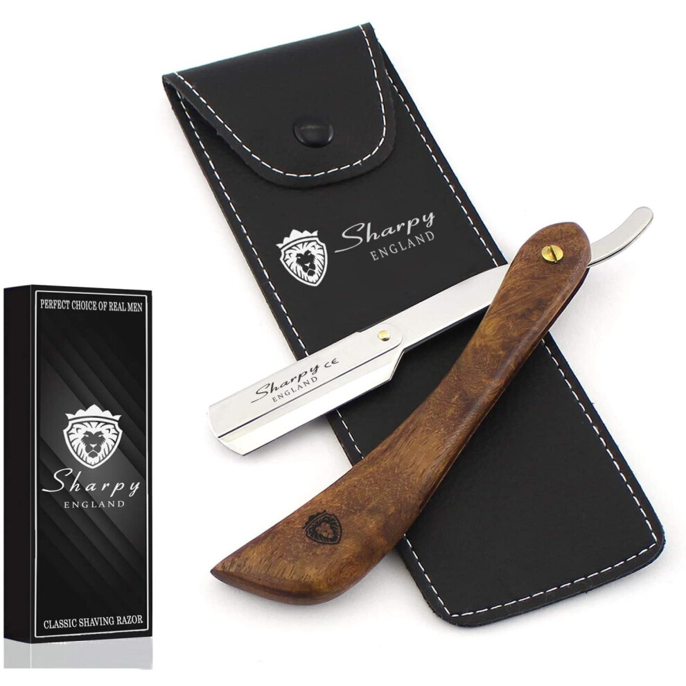 Sharpy Cut Throat Razor Kit - Wood Handle Straight Razor Men - Professional Barber Shaving Razor For Men - Moustache & Beard Razor Men Shaving Kit
