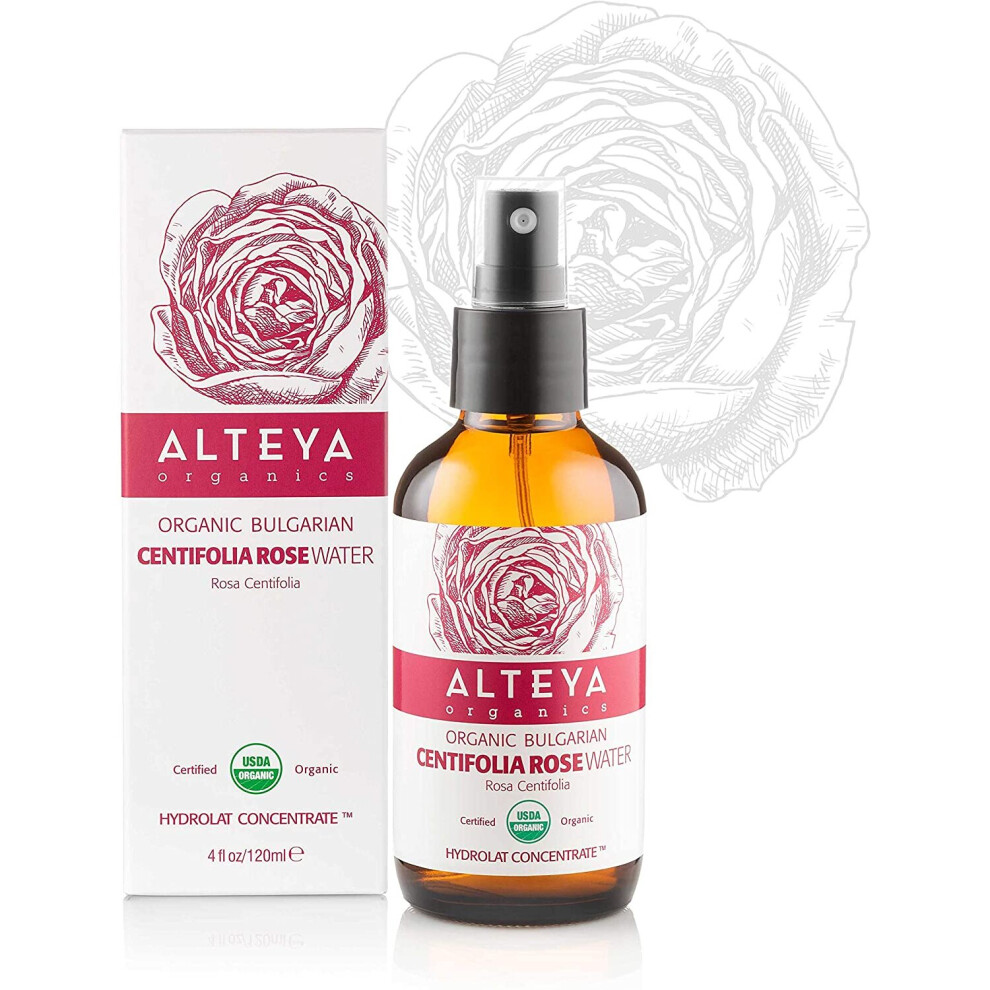 Alteya Organic Centifolia Rose Water Spray 120Ml Glass Bottle- 100% Usda Certified Organic Authentic Pure Rosa Centifolia Flower Water Steam-Distilled