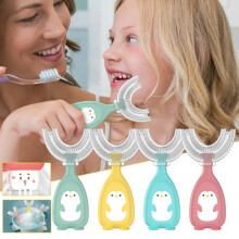 (L-Green) Silicone U-Shape Toothbrush Kids Manual Toddler Teeth Cleaning Brush 2-12 Years