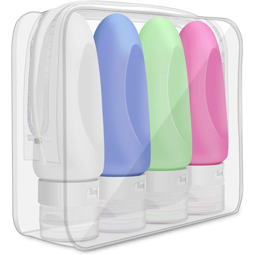 Silicone Travel Bottle, Opret 4 Pack Leak Proof Refillable Squeezable Containers Set(3 oz) with Label and Transparent Carry Bag for Liquid Shampoos,