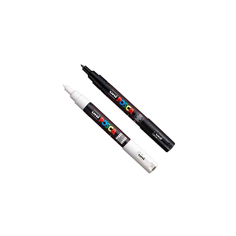 Posca PC-1M Paint Art Marker Pens - Fabric Glass Metal Pen - Set of Black + White (1 of each)