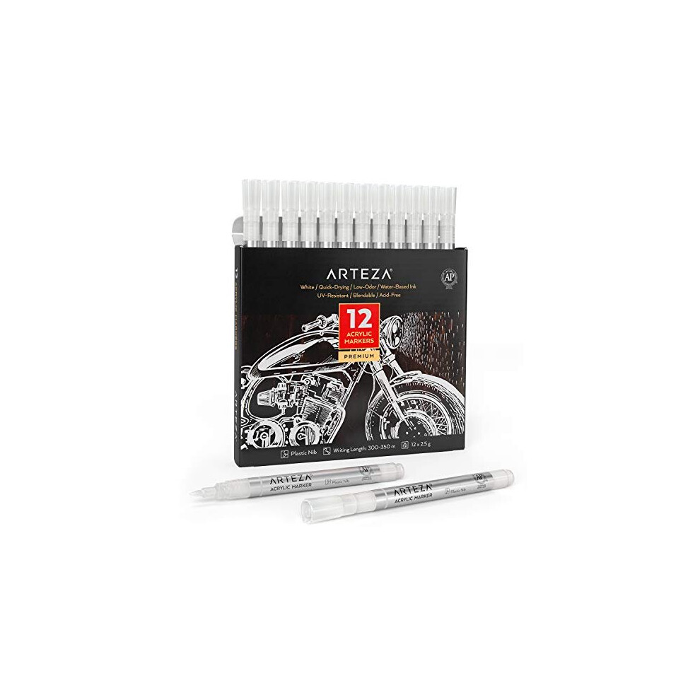 Arteza Acrylic Paint Pens, Set of 12 White Pens, Long Lasting Outdoor Acrylic Paint Marker Pens with Plastic Nib, Paint On Metal, Canvas, Rock, C