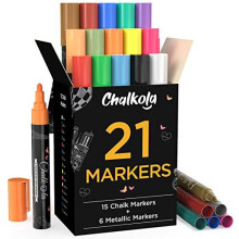 Chalk Pens & Metallic Colours (Pack of 21) Neon Chalk Markers - Erasable Dry Erase Marker Pens for Blackboards, Chalkboard, Window, Glass | 6mm R