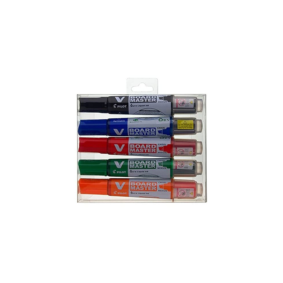 Pilot Begreen Recycled V Board Master Whiteboard Marker Chisel 2.2-5.2 mm Tip - Black/Red/Blue/Green/Orange, Wallet of 5