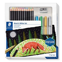 STAEDTLER Design Journey Black & White Set of Soft Coloured Pencils, Metallic Markers and Sharpener
