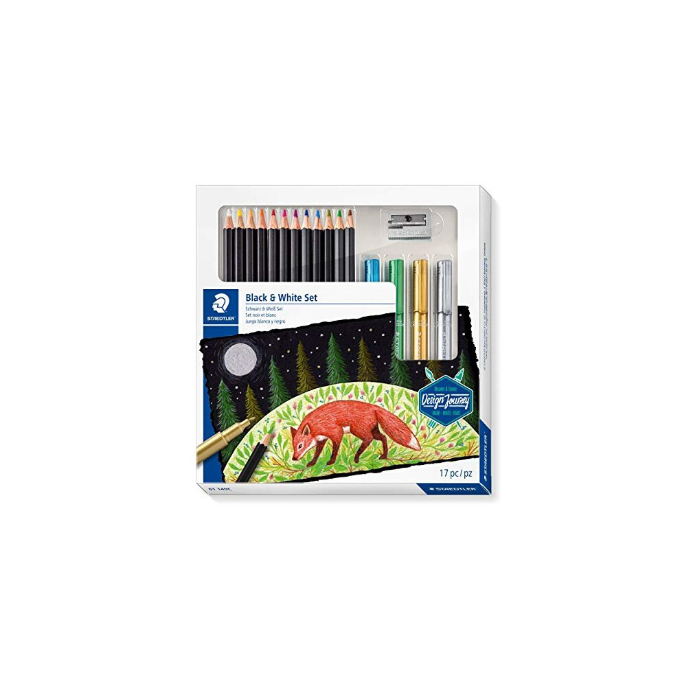 Staedtler Design Journey Black & White Set Of Soft Coloured Pencils, Metallic Markers And Sharpener