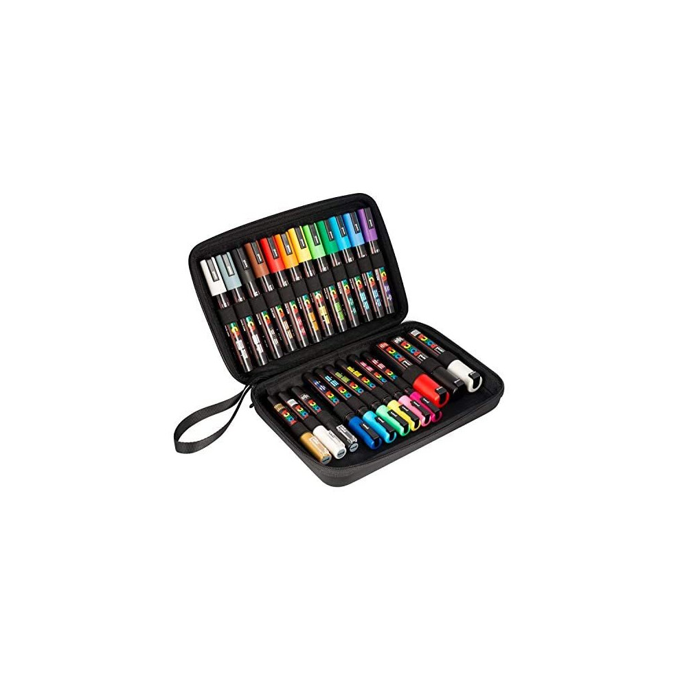 uni-ball Uni POSCA 186824 Marker Pens in Case, Suitable for Many Surfaces, Various Tips and Colours, Multi-Coloured
