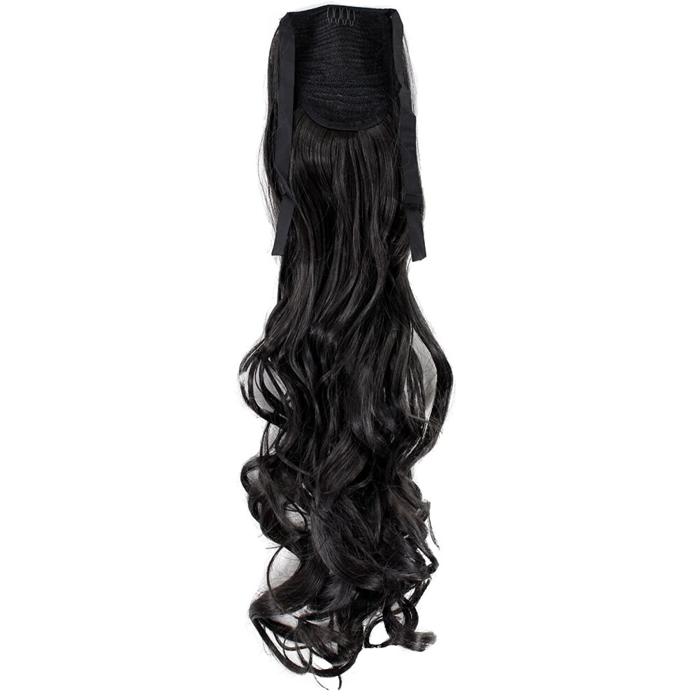 Wig Me Up Unisex Brown Hairpiece Ponytail (Comb & Ribbon Wrap-Around System) Extension Pigtail Very Long (24 Inches) Slightly Curled Wavy Dark Yzf-1094Ht-3