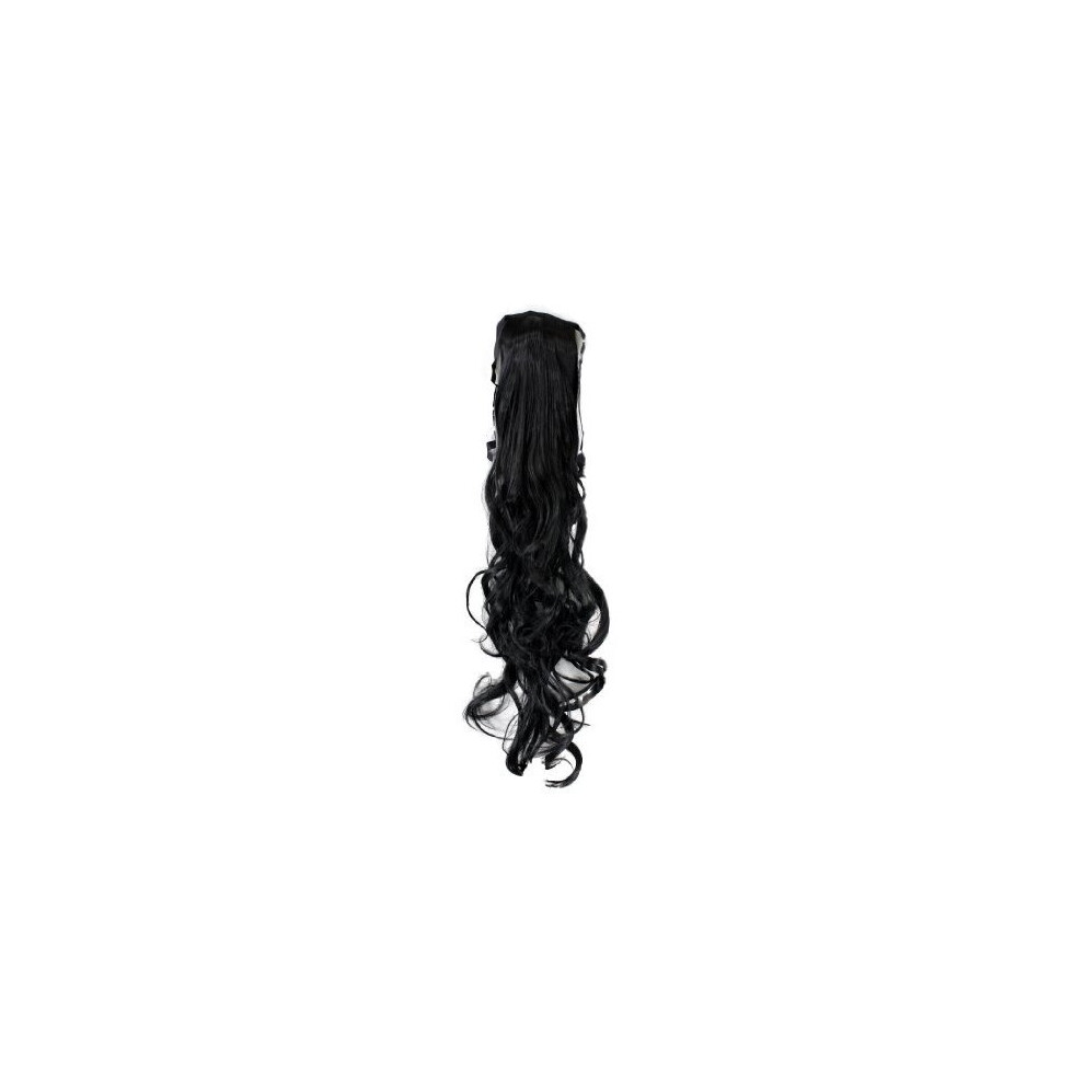 Wig Me Up Unisex Black Hairpiece Ponytail (Comb & Ribbon Wrap-Around System) Extension Pigtail Very Long (24 Inches) Slightly Curled Wavy Yzf-1094Ht-1