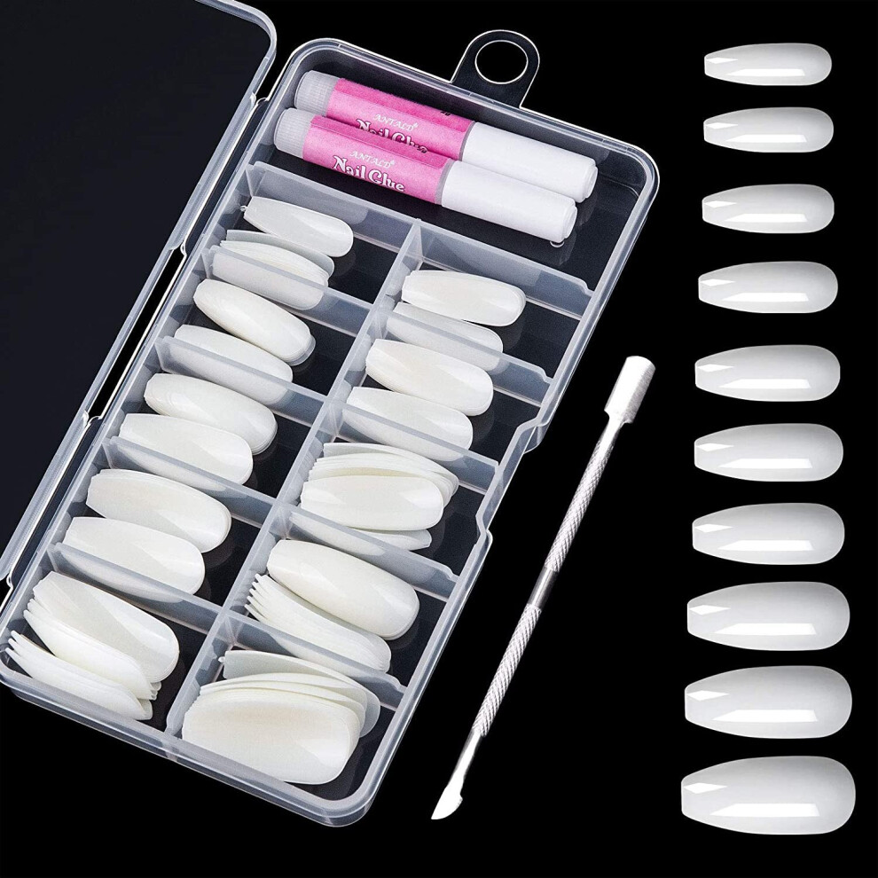 Kiiwah 100Pcs False Nails With Glues, 10 Size Coffin Ballerina Fake Nail Tips With Cuticle Pusher, Artificial Acrylic Full Cover Fingernails For Nail Art