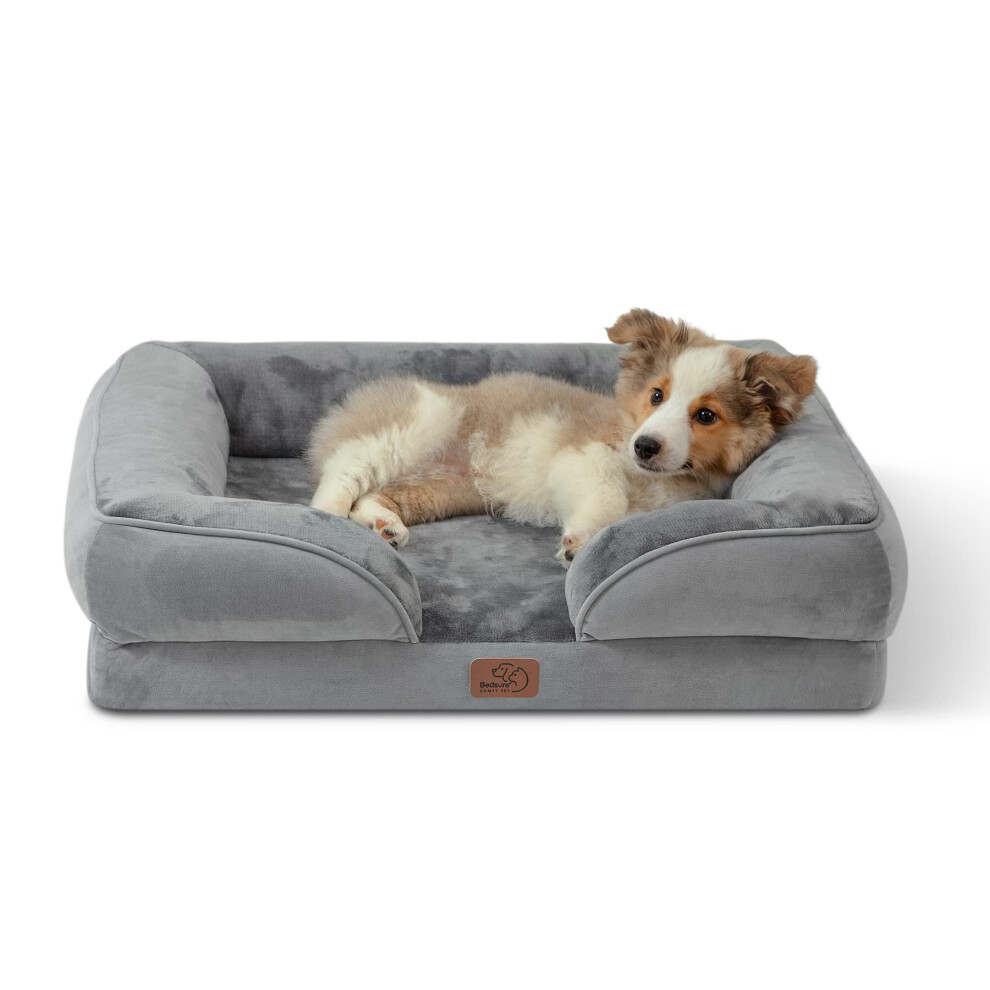 Bedsure Dog Bed Sofa Medium - Washable Orthopedic Dog Sofa & Couch with Removable Flannel Zipper Cover,Grey, 71x58x18cm M Grey