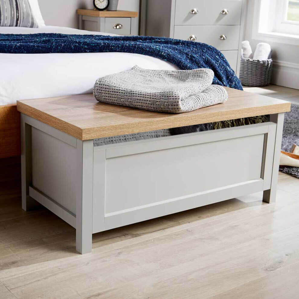 Grey Oak Ottoman Storage Chest Toy Chest Blanket or Bedding Box Safety Hinge