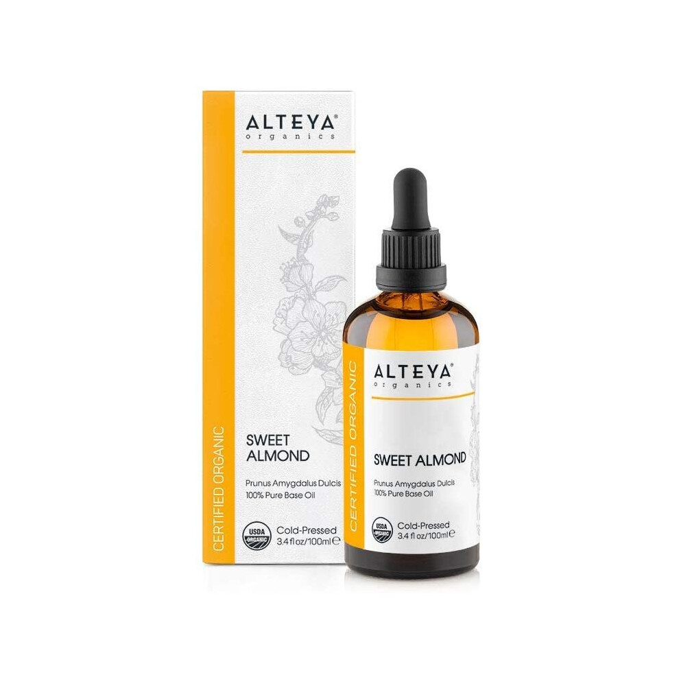 Alteya Organic Sweet Almond Oil 100Ml - 100% Usda Certified Organic Pure Natural Cold Pressed Sweet Almond Carrier Oil - Premium Therapeutic Grade