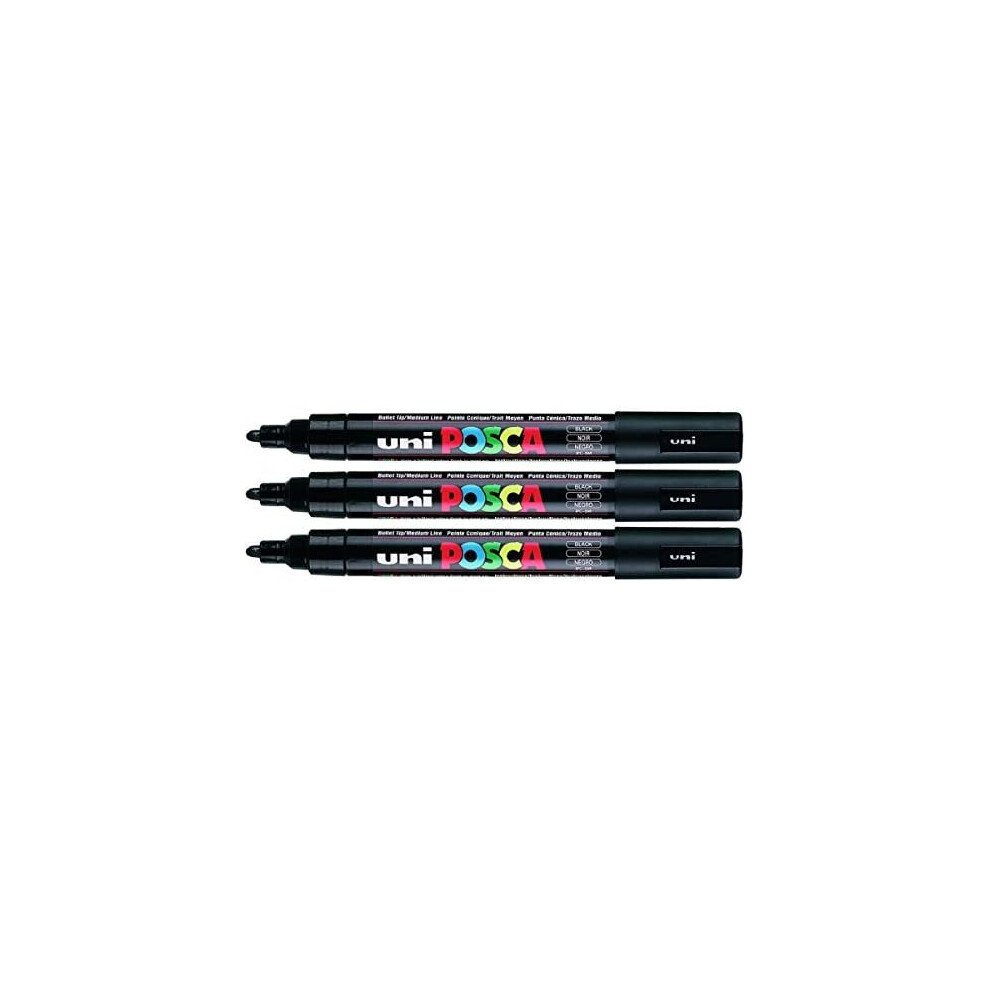 Posca PC-5M Black Colour Paint Marker Pens 2.5mm Medium Bullet Tip Nib Writes On Any Surface Glass Metal Wood Plastic Fabric (Pack Of 3)