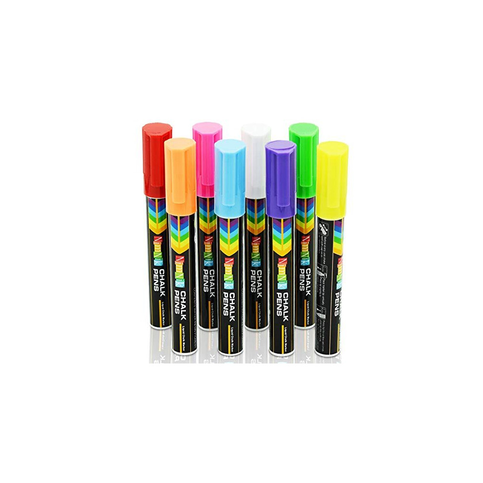 Liquid Chalk Marker Pens for Glass - 8 Neon Liquid Chalk Pens for Blackboards Windows Markers for Teachers Shops | 6mm Reversible Bullet and Chis