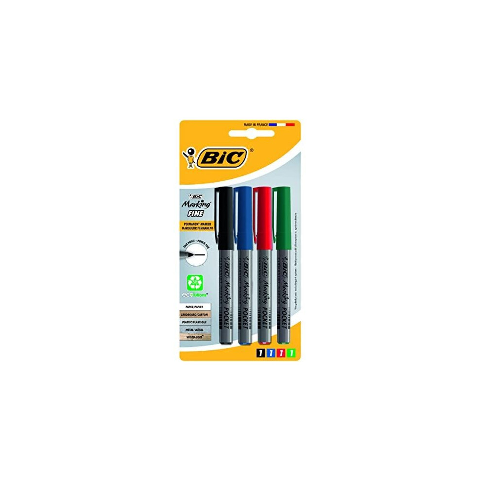 Bic Marking Fine Ecolutions Permanent Markers With Fine Conical Tip Assorted Colours, Blister Pack Of 4