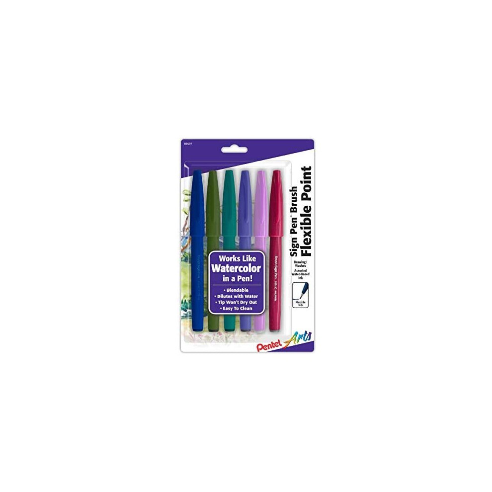 Pentel Arts Sign Pen Brush Tip, assorted 3 Pastel Colors, 6-Pk (SES15C2BP6M)