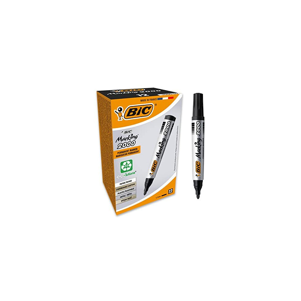 BIC Marking 2000 ECOlutions, Multi-Surface Black Permanent Markers, Ideal for School, Bullet Tip and Quick Drying Ink, Pack of 12