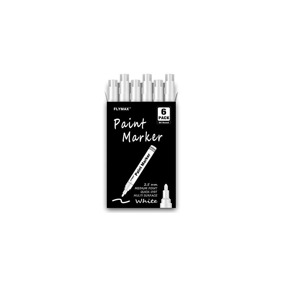 White Paint Pens, 6 Pack 2.5mm Medium Tip White Paint Marker Permanent for Wood Rock Plastic Leather Glass Stone Metal Canvas Ceramic Fabric Tire