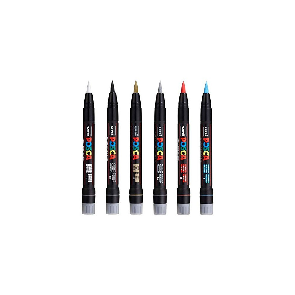 Uni Posca PCF-350 Brush Tipped Paint Marker Art Pen - Fabric Glass Metal Pen - The 6 Most Popular Colours