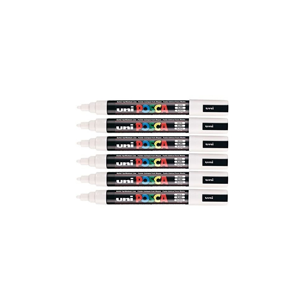 Posca PC-5M White Colour Paint Marker Pens 2.5mm Medium Bullet Tip Nib Writes On Any Surface Metal Wood Plastic Fabric Glass Stone (Pack Of 6)