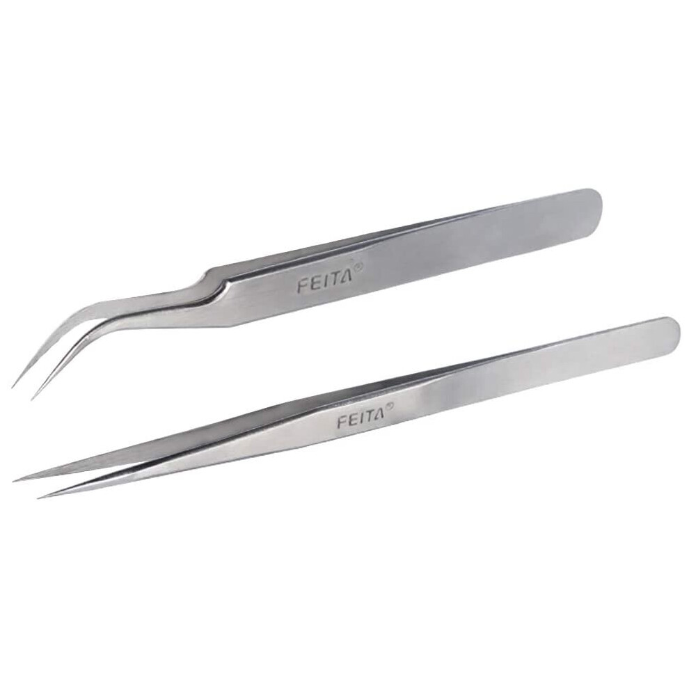 Feita Eyelash Tweezers - Precision Eyelash Extension Tweezer Set - Professional Straight & Curved Pointed Very Fine Tip Tweezers For Lash Extensions