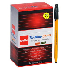 Cello Tri-Mate Orange Ballpoint Pens Medium Point Biro, Black Pens Pack of 50 Smooth Writing
