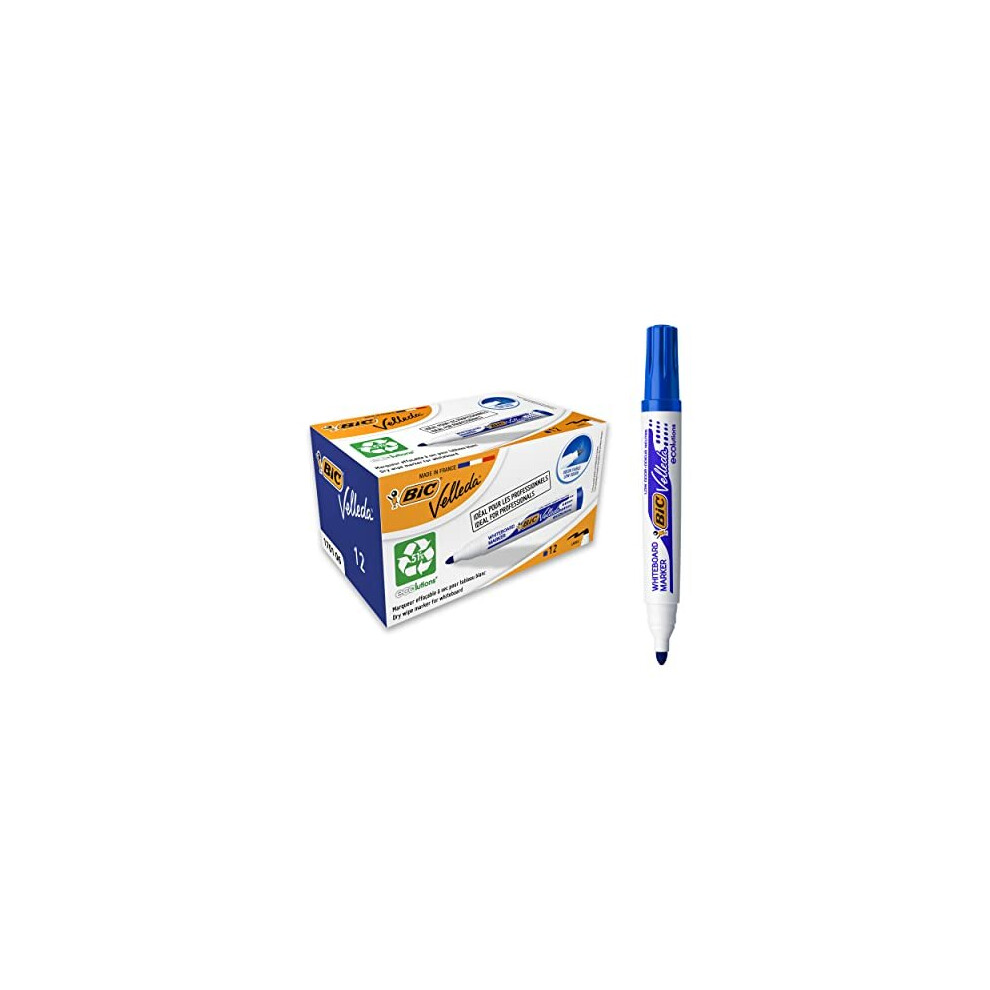 Bic Velleda 1701 Ecolutions Whiteboard Pens, - Box Of 12 - Dry Erase Pens For Whiteboards In School Or Office Blue