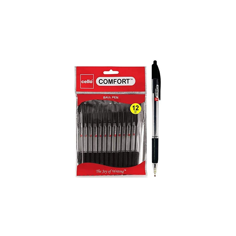 Cello Extra Comfort Grip Ballpoint Pens Medium Point Biros Retractable Ballpoint Pens (1.0MM) Black Pen, Pack of 12