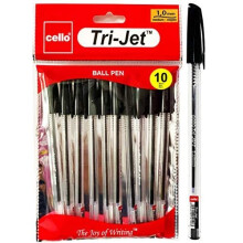 Cello Tri-Jet Ballpoint Pens Extra Grip Medium Point Biros (1.0 mm) - Black Pens, Pack Of 10