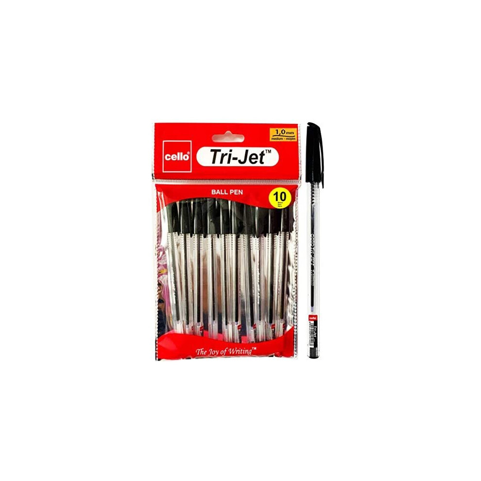 Cello Tri-Jet Ballpoint Pens Extra Grip Medium Point Biros (1.0 Mm) - Black Pens, Pack Of 10
