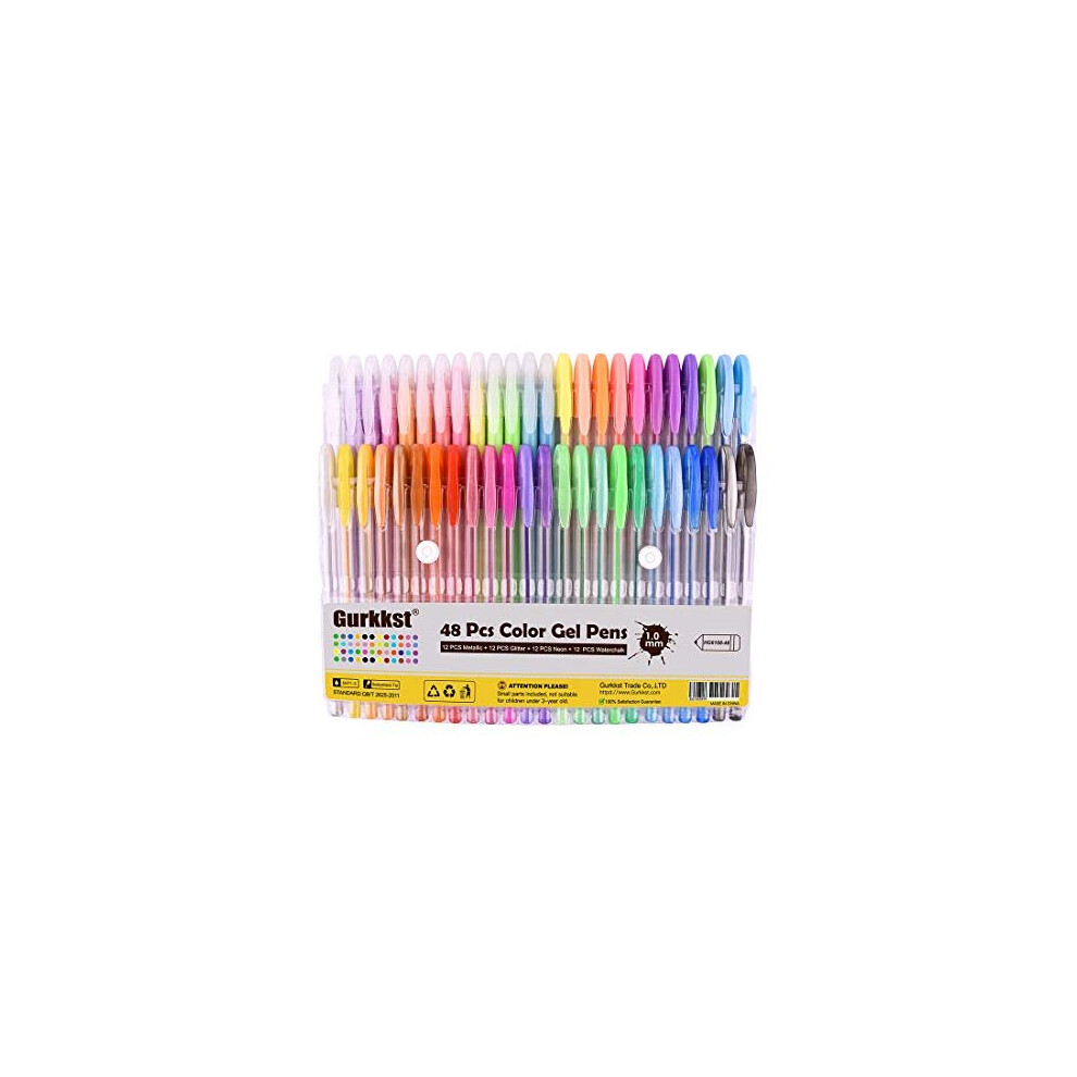 Gurkkst 48 Packs Color Gel Ink Pens Set The Best Gel Pens for Adult and Kid Colouring Books,Drawing,and Writing (12 Metallic + 12 Glitter + 12 Ne