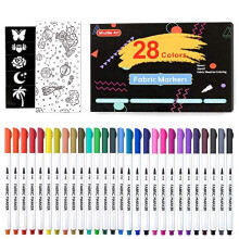 28 Colours Fabric Pens Permanent for Clothes, Shuttle Art Fine Tip Permanent Fabric Markers for T-shirt, Shoes with 11 Stencils 1 Fabric Sheet, N