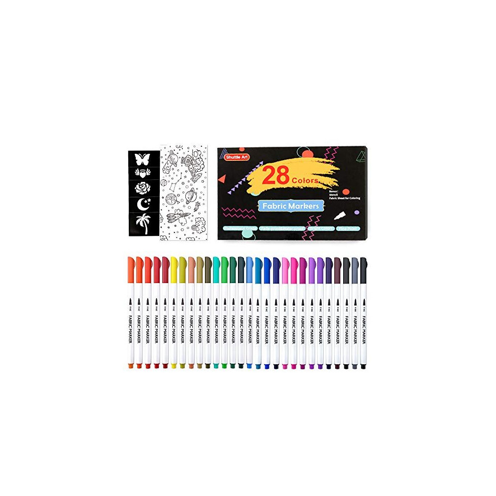 28 Colours Fabric Pens Permanent for Clothes, Shuttle Art Fine Tip Permanent Fabric Markers for T-shirt, Shoes with 11 Stencils 1 Fabric Sheet, N