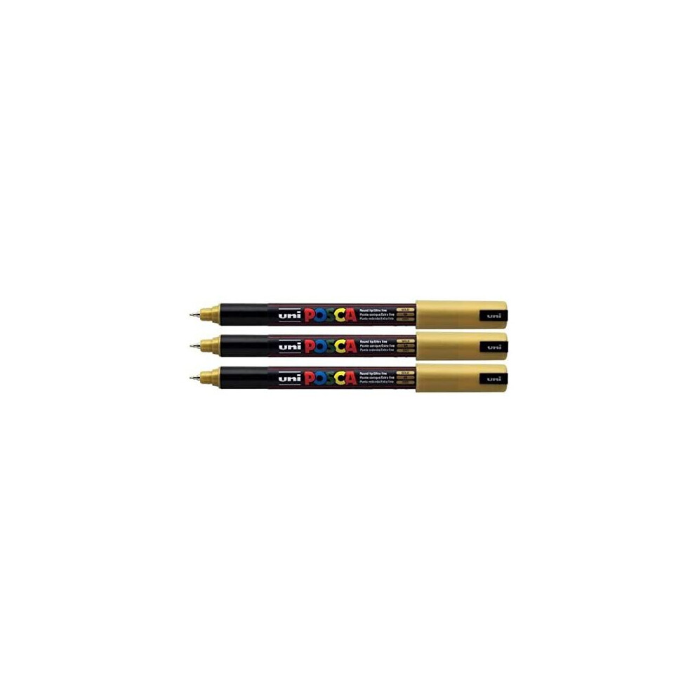 Posca PC-1MR Gold Colour Paint Marker Pens Ultra Fine 0.7mm Calibre Tip Nib Writes On Any Surface Glass Metal Wood Plastic Fabric (Pack Of 3)