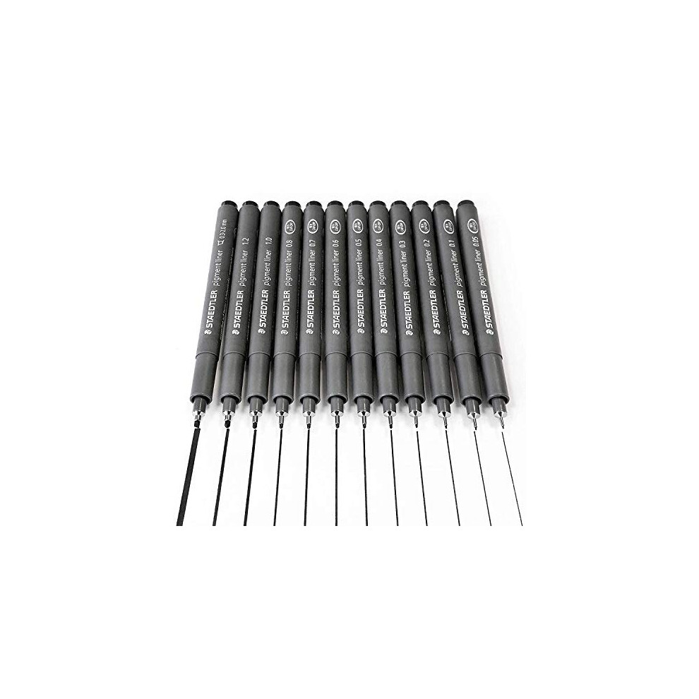 Staedtler Pigment Liner black fineliner pens, full professional 12 pieces artist drawing technical drafting sets