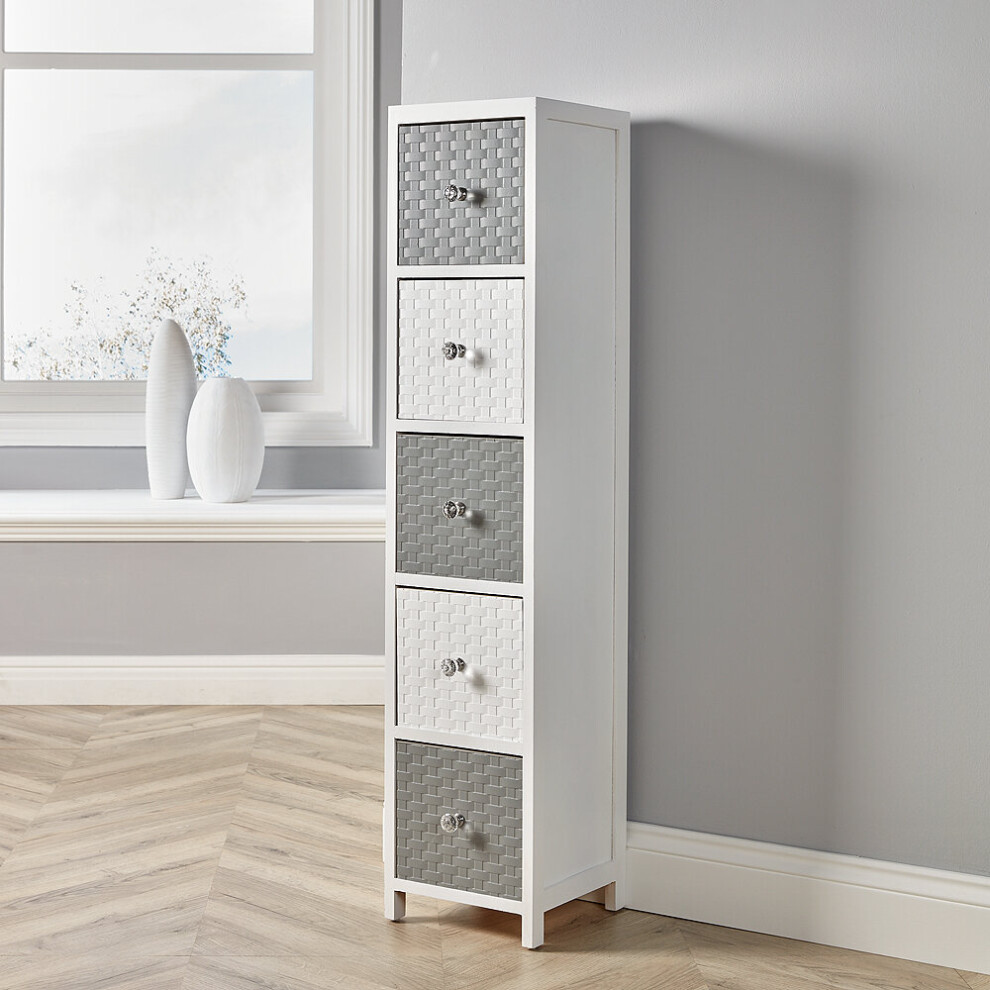 White Wooden Storage Unit 5 Drawer Tall Chest Bedroom Organiser Fully Assembled