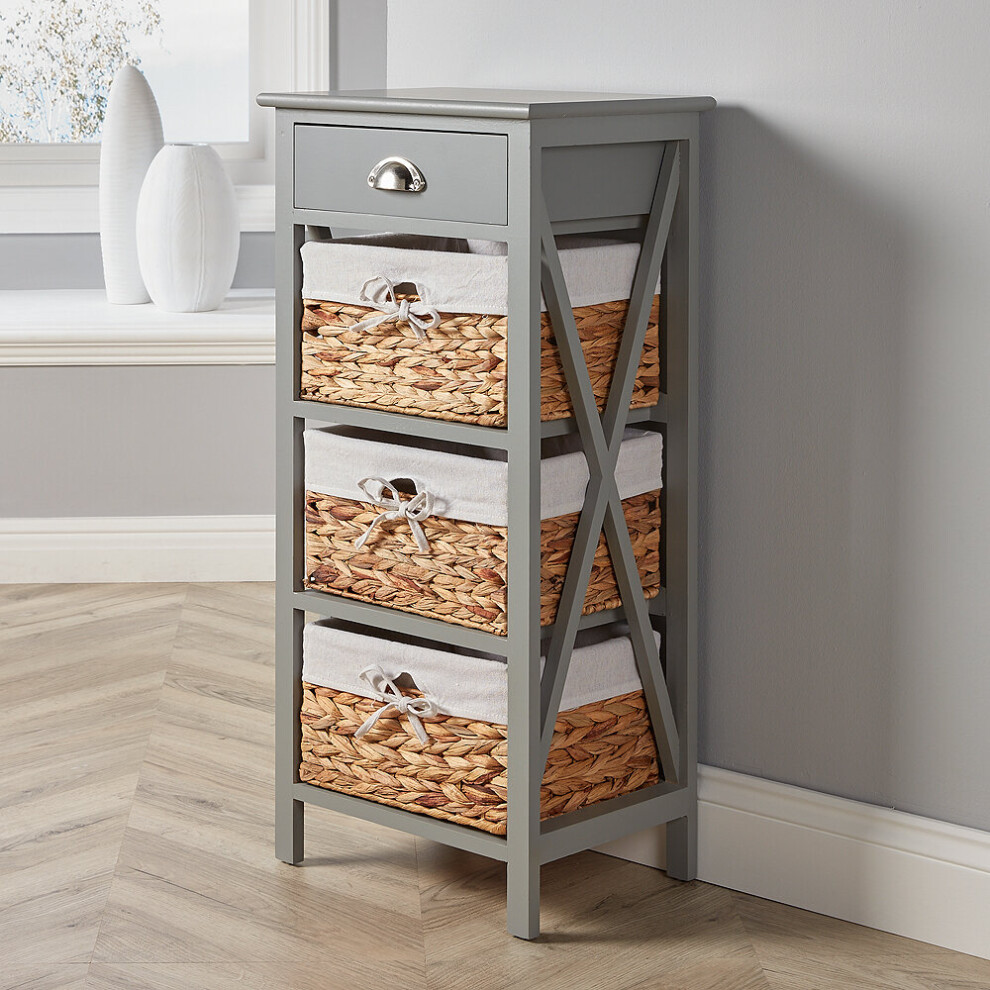 Grey Wooden 3 Drawer Storage Chest Basket Organiser Fully Assembled